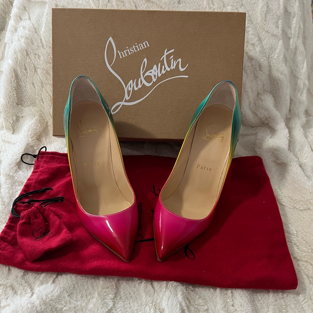 Christian Louboutin Pigalle Follies 100 Rainbow Red Blue Patent Heel Pump